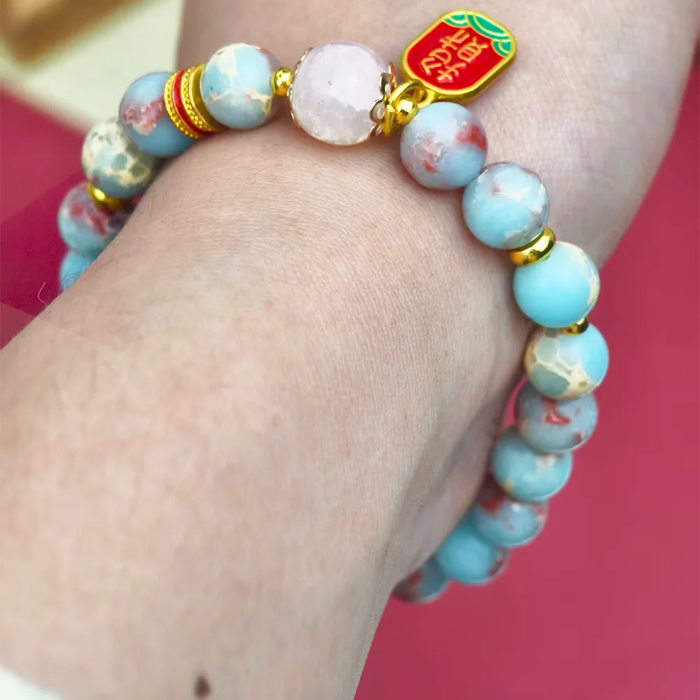 NEW Natural Blue Red Stone Beaded Bracelet for Women Golden Lucky Wealth Pendant Chinese Boho Bracelet Daily Wear Jewelry Gift