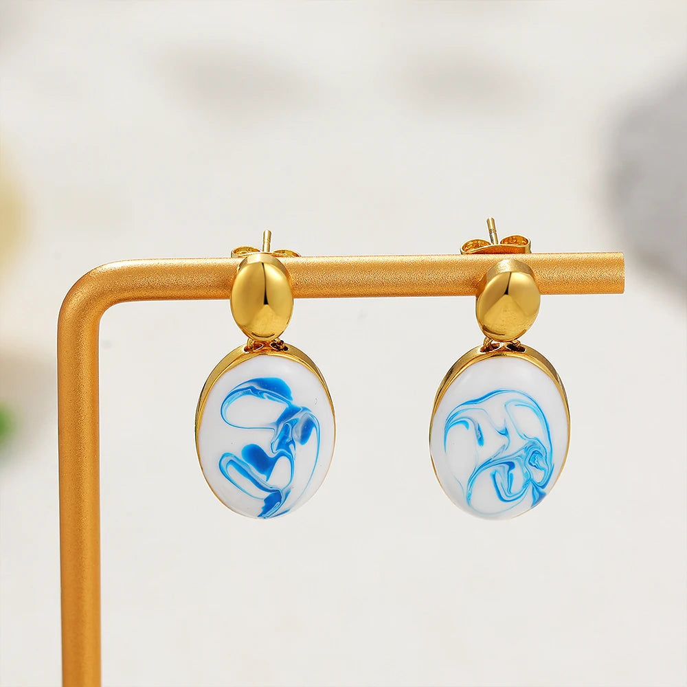 Blue White Porcelain Star Moon Oval Drop Earrings for Women Stainless Steel Gold Color Geometric Dangle Earrings Jewelry Gift