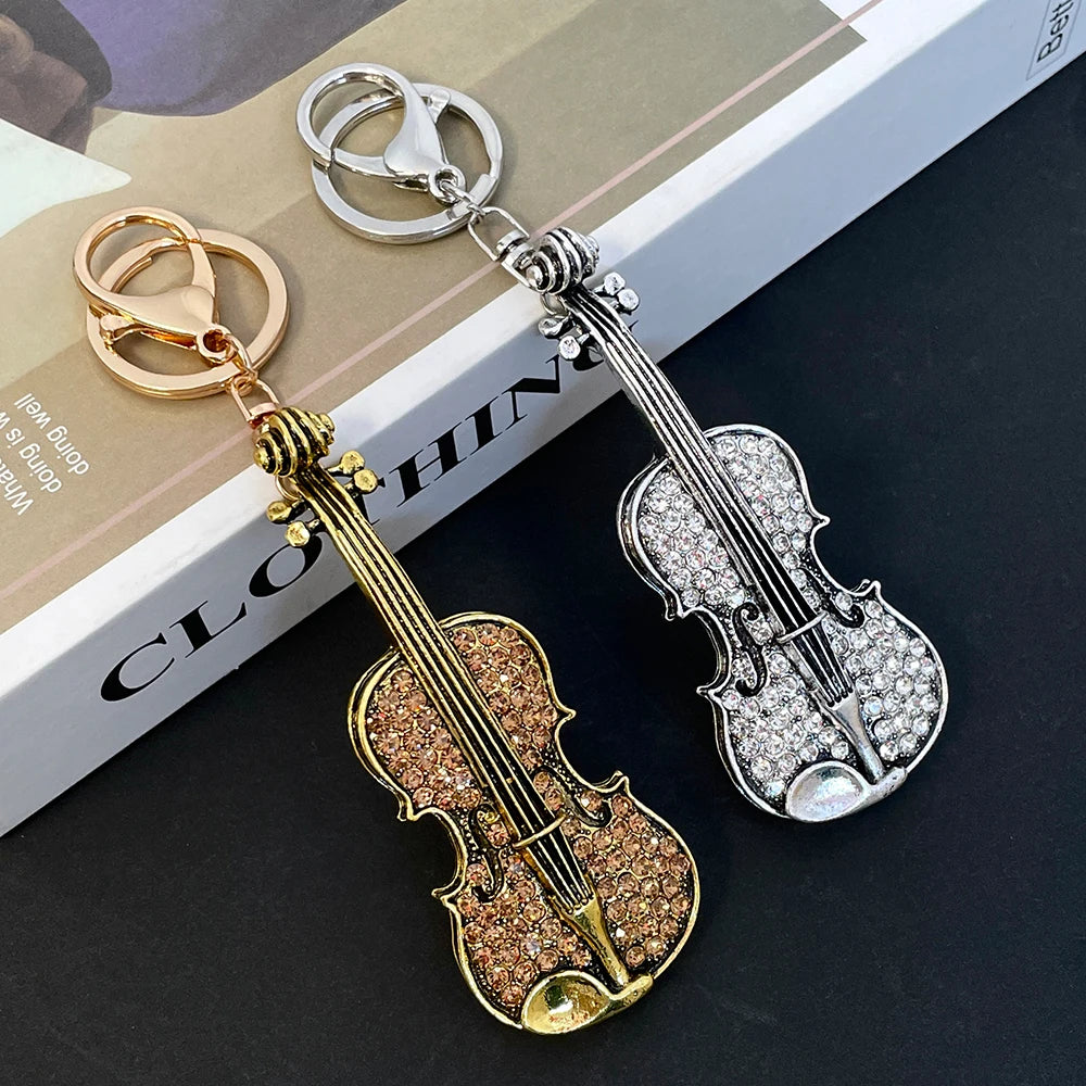 Violin Key Ring Concert Concert Souvenir Gift Women's Luxury Bag Pendant Keychain Rhinestone Crystal Handicraft