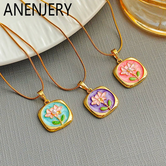ANENJERY 316L Stainless Steel Colorful Square Lotus Necklace For Women Summer Holiday Glamorous Jewelry Gift Wholesale
