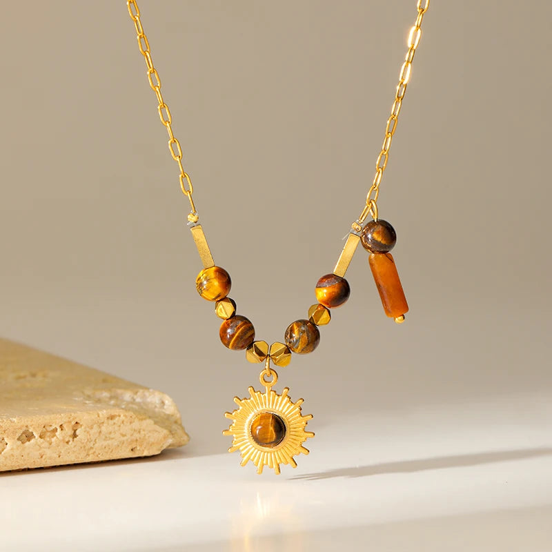 EILIECK 316L Stainless Steel Vintage Brown Beaded Pendant Necklace Bracelet Trendy For Women New Gift Waterproof Jewelry Set