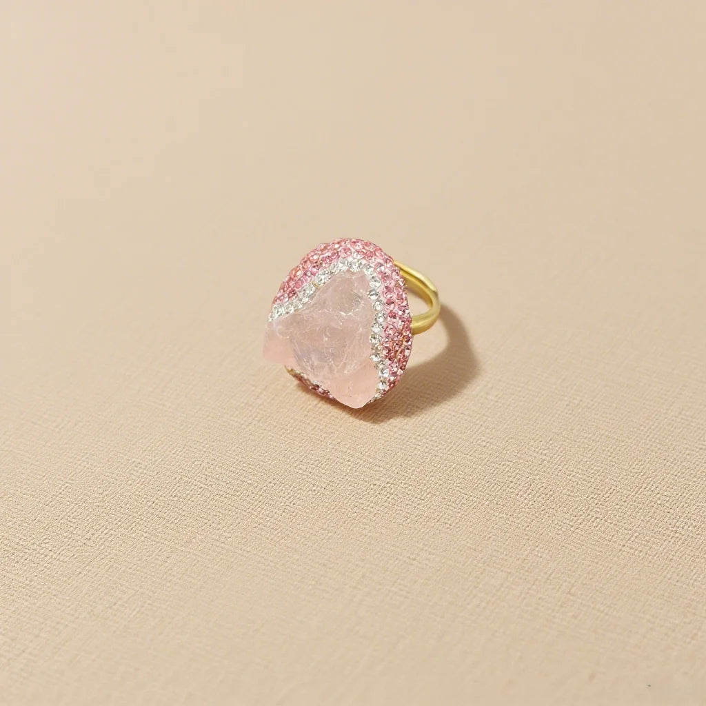 Healing Crystal Jewelry Set Rough Natural Pink Crystal Necklace Earring Ring for Women Handmade Raw Quartz Stone Wedding Gift