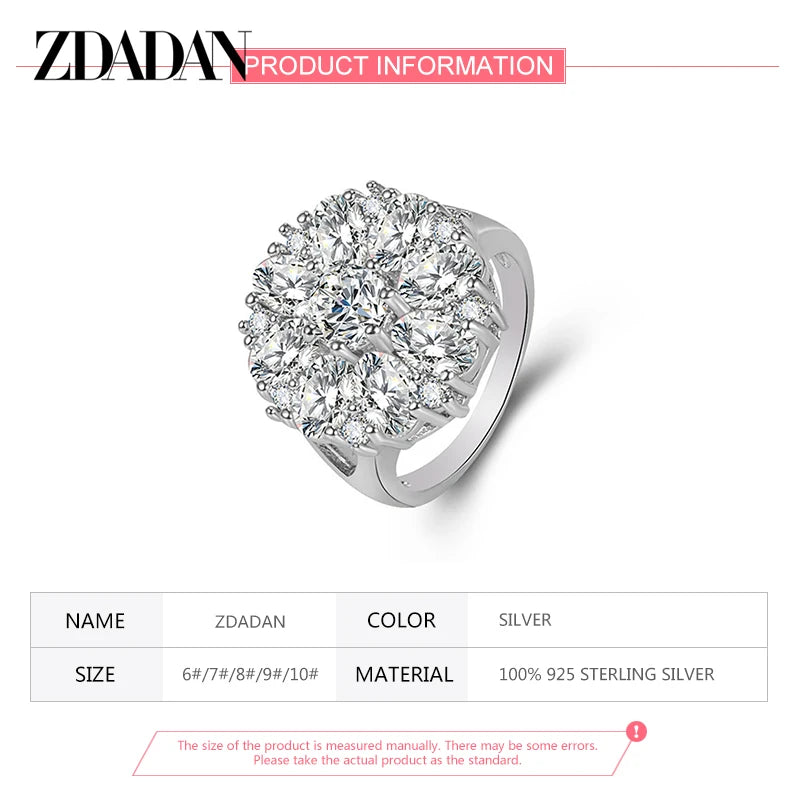 ZDADAN 925 Sterling Silver Flower Amethyst Finger Ring For Christmas Women Party Jewelry Gift
