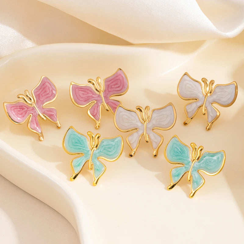 ANENJERY 316L Stainless Steel Drop Oil Butterfly Stud Earrings For Women Delicate Elegant Vintage French Jewelry Gifts Wholesale