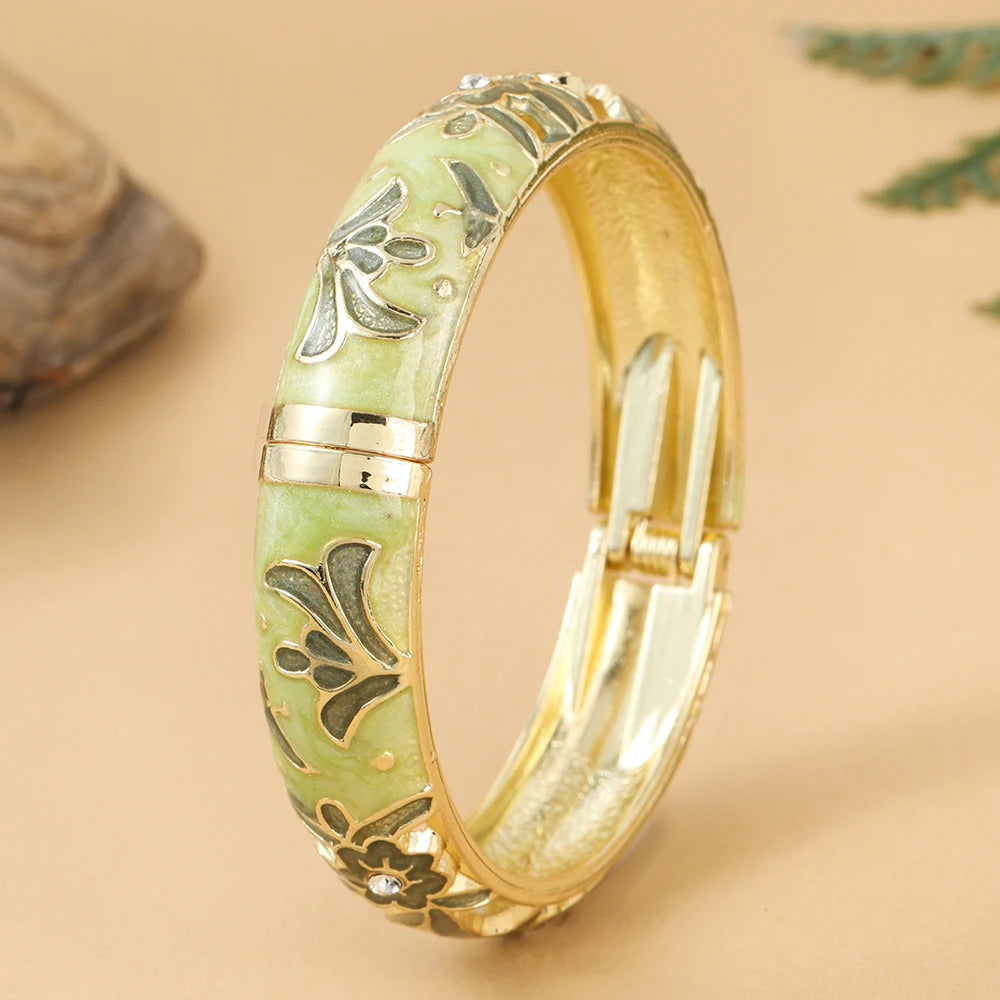 Jardme 1PCS Wide Hollow Enamel Bracelet For Women Vintage Indian Chinese Luxurious Cloisonne Bangles Women's Daily Jewelry