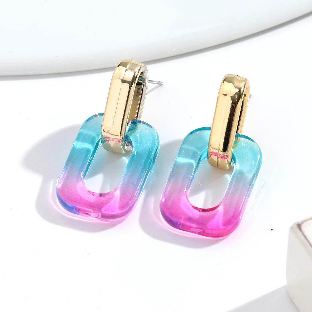 Fashion Acrylic Gradient Color Geometric Buckle Drop Earrings Transparent Iridescent Rectangle Earrings Women Wedding Jewelry