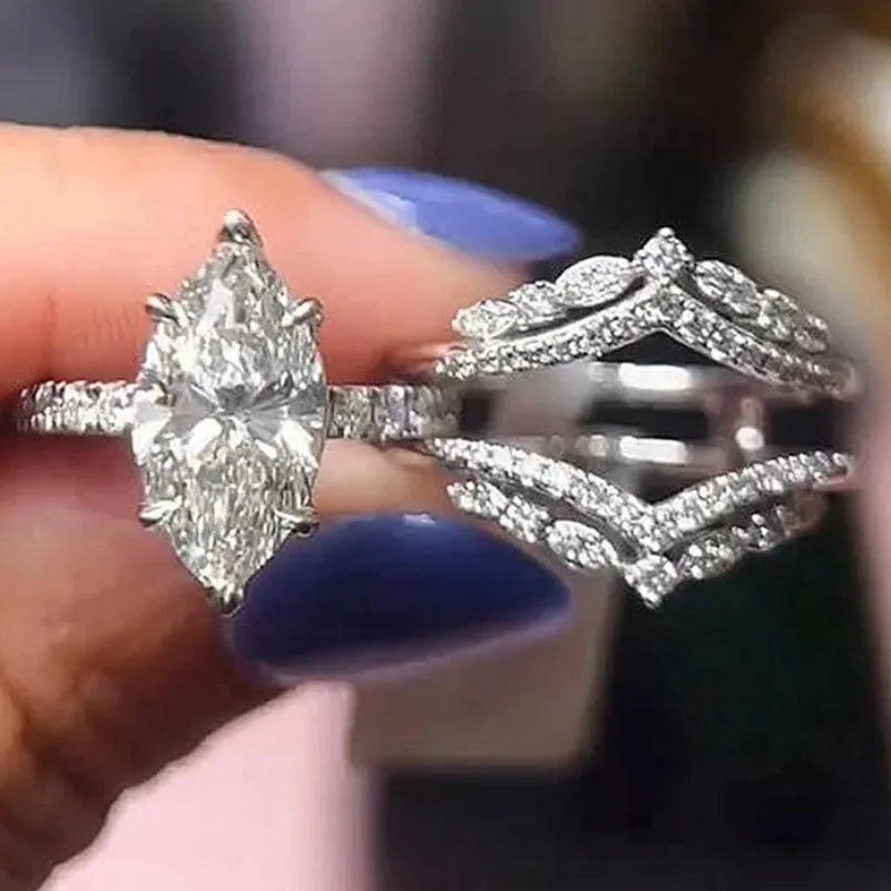 Gorgeous Women Set Ring Inlaid Brilliant Marquise Cubic Zirconia Fashion Accessories for Lady Wedding Party Versatile Jewelry