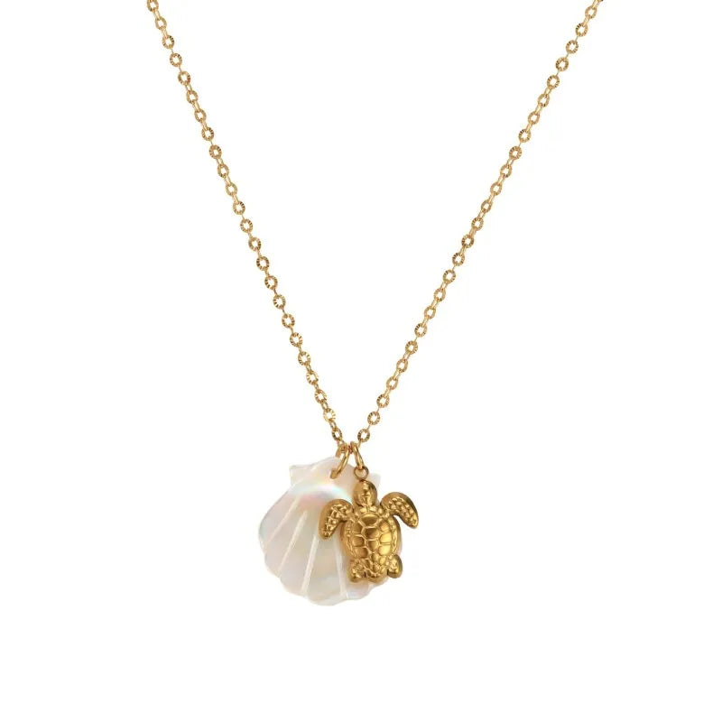 Boho Big White Shell Pendant Neckalce Gold Color Conch Sea Turtle Star Stainless Steel Choker Waterproof Beach Summer Jewelry