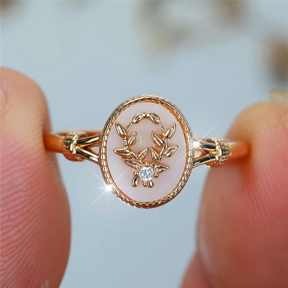 Charm Female White Enamel Stone Oval Leaf Plant Ring Rose Gold Silver Color Cute Gift Wedding Jewelry For Women
