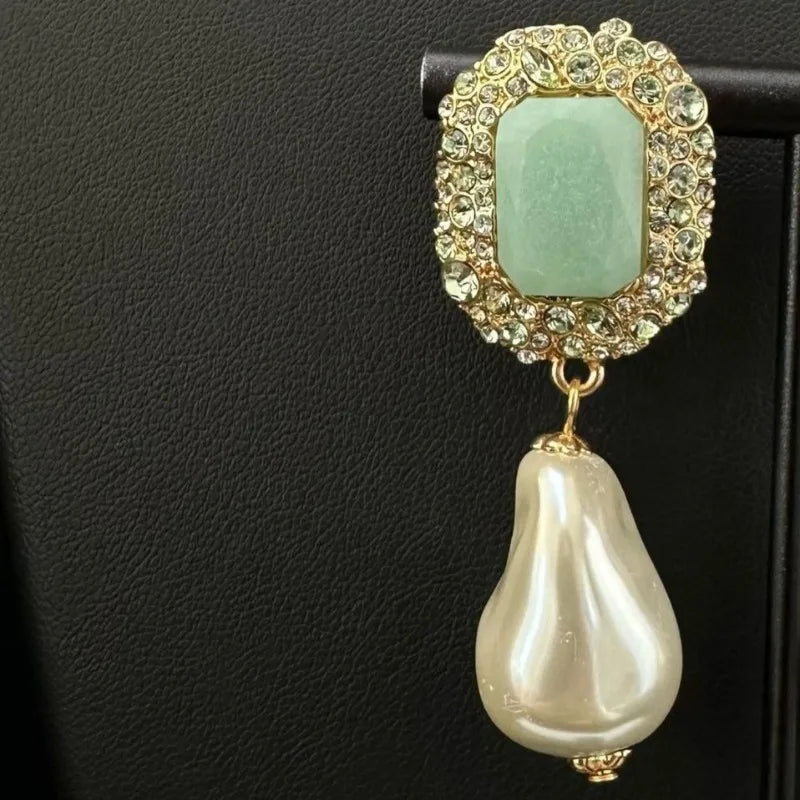 Pearls Women Earrings Green Geometric Vintage Palace Style Jewelry Light Luxury Elegant Dinner Party Pendientes Mujer