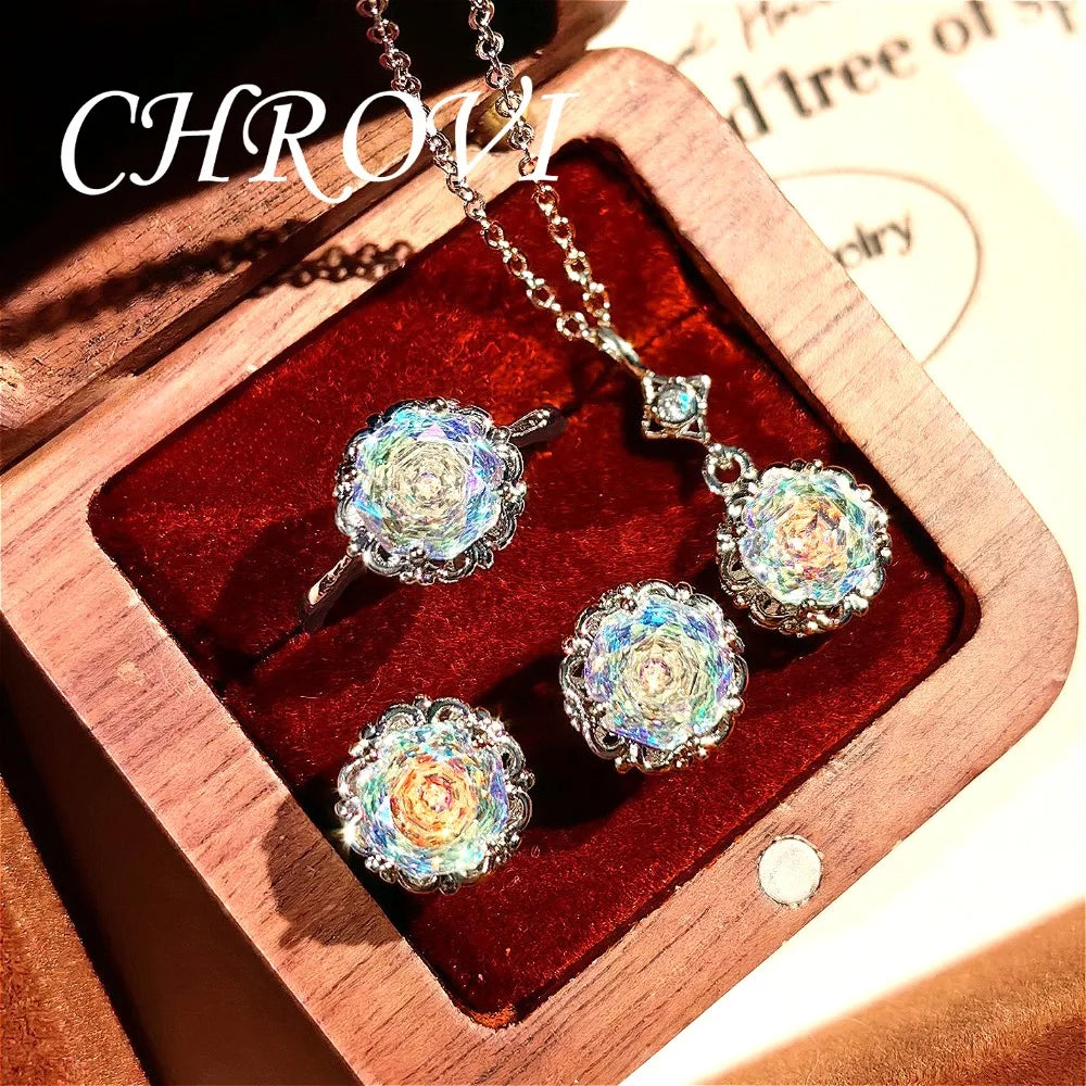 Light luxury 925 sterling silver round rose necklace with dazzling zircon stud earrings and gemstone ring set for women