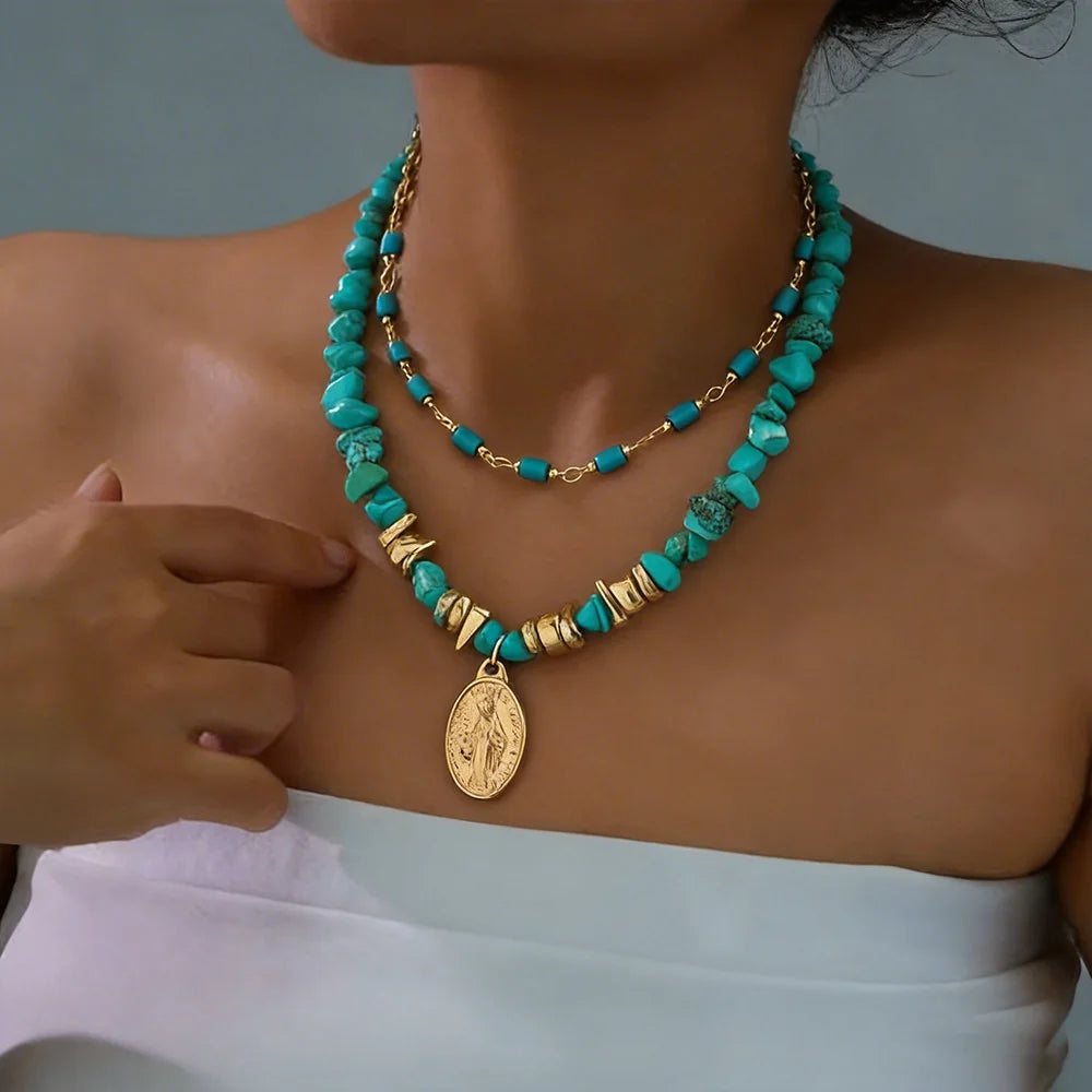 2Pcs Vintage Blue Natural Stone Beads Choker Necklaces for Women Bohemia Geometry Pendant Necklace Trendy Neck Jewelry