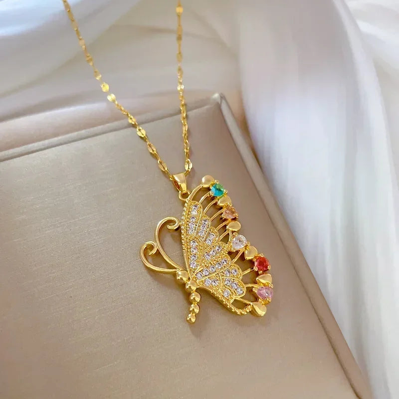 Exquisite Micro Inlaid Zircon Butterfly Tassel Necklace For Women Stainless Steel Moon Butterfly Flower Clavicle Choker Jewelry