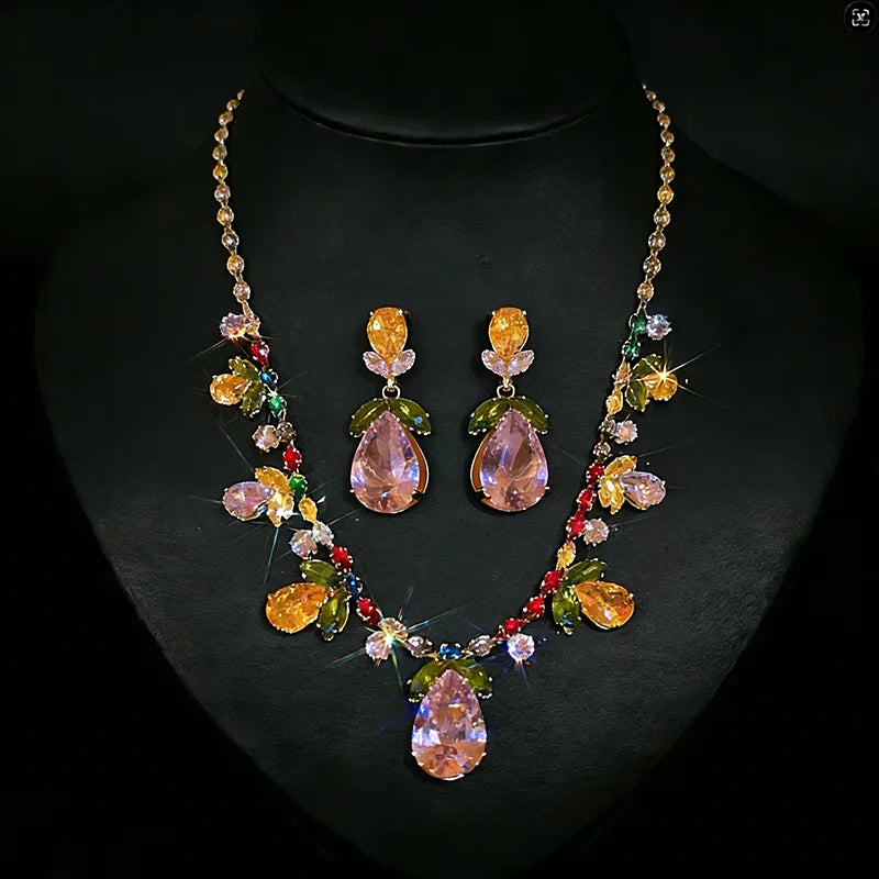 2 Pcs Color-block Water Drop Zircon Pendant Necklaces Set Party Retro Leaf Dangle Earrings Daity Banquet Gathering Anniversary H
