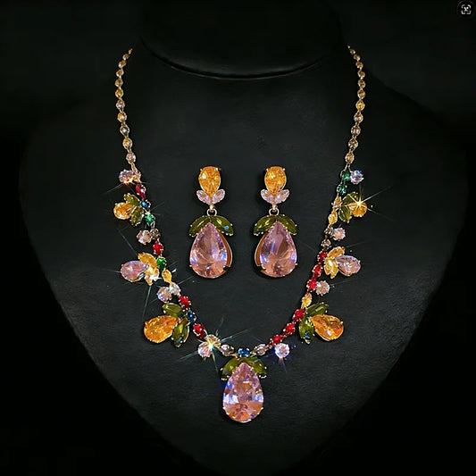 2 Pcs Color-block Water Drop Zircon Pendant Necklaces Set Party Retro Leaf Dangle Earrings Daity Banquet Gathering Anniversary H