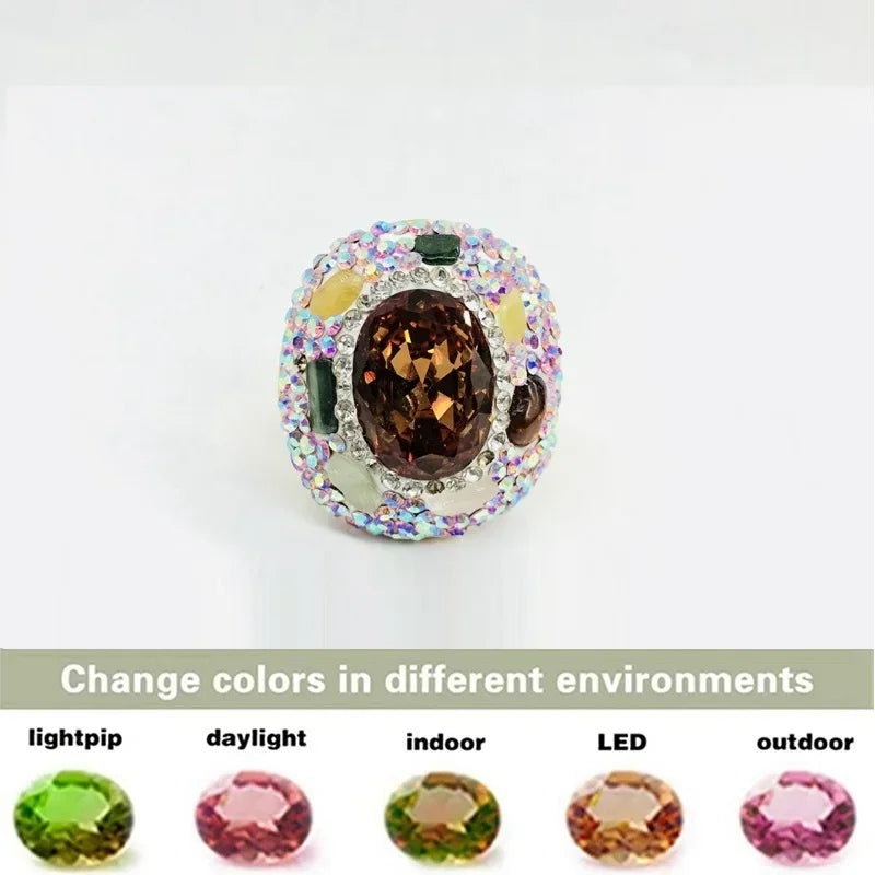 Color Changing Stone Sultainite Natural Tourmaline Edging Finger Rings for Women Sudan Crystal Clay Rhinestone Design Jewelry
