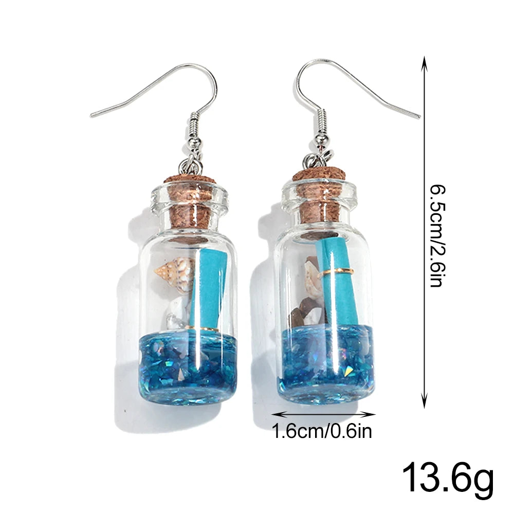 Creative Transparent Glass Drift Bottle Drop Earrings Cute Marine Animals Wish Bottle Dangle Earring Handmade Jewelry Gifts
