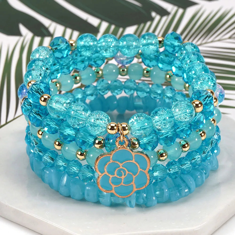 Bohemian Daisy Flower Charm Colorful Crystal Beaded Bracelet Set for Women Summer Beach Hand Jewelry Accessory Boho Wrsit Chains