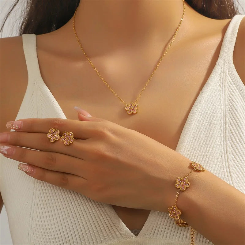 EILIECK New Fashion Stainless Steel Pink Zircon Clover Necklace Bracelet Earrings Set For Women Trendy Flower Jewelry Set Gift