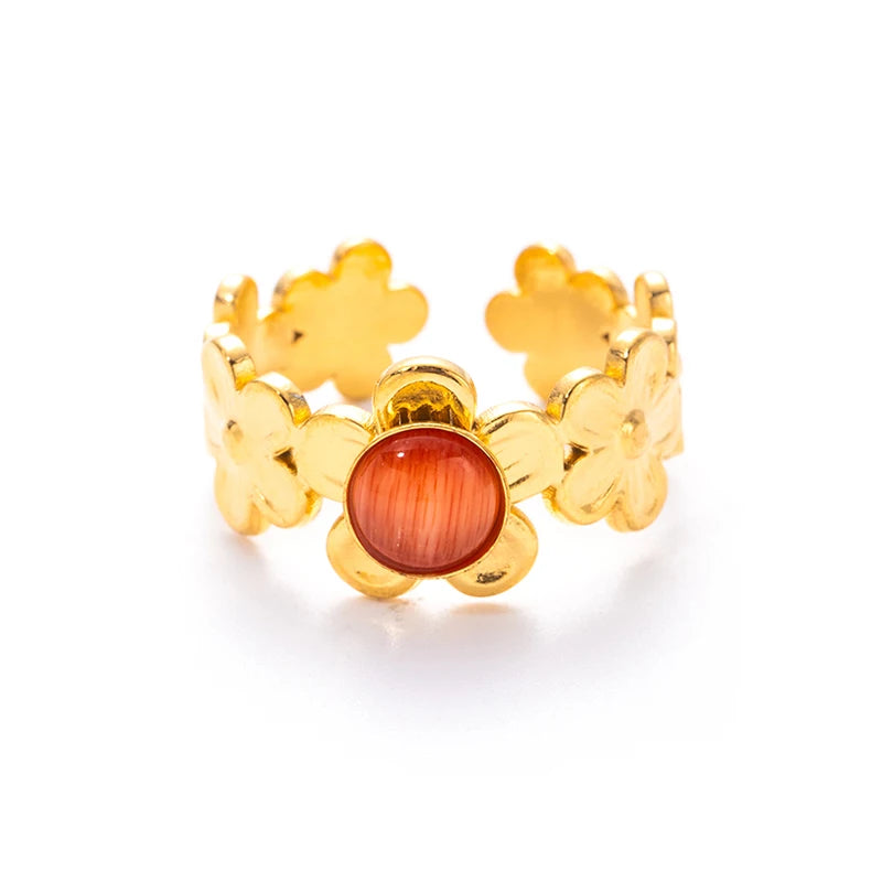 ANENJERY 316L Stainless Steel Flower Inlaid Colorful Stone Open Ring for Women Men Beauty Delicate Jewelry Gifts Wholesale