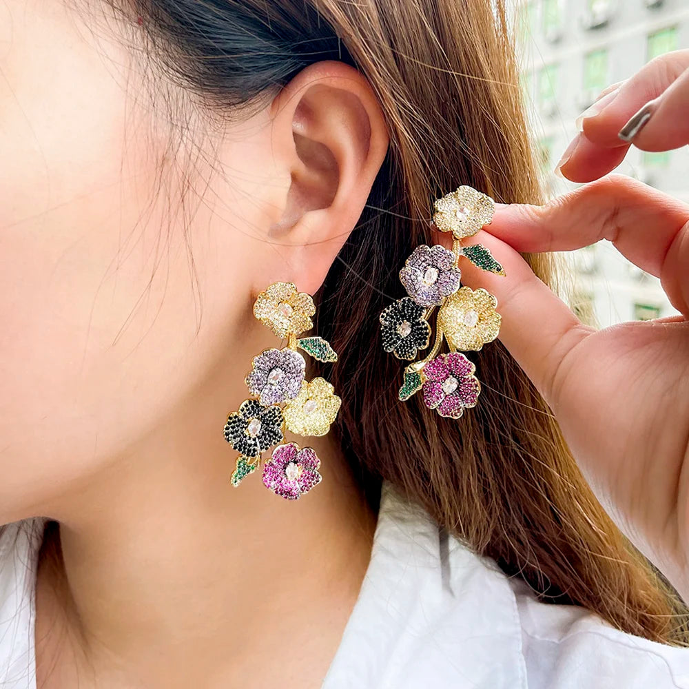 ThreeGraces Beautiful Cubic Zirconia Long Multicolor Flower Dangle Drop Earrings for Women Trendy Wedding Party Jewelry ER846