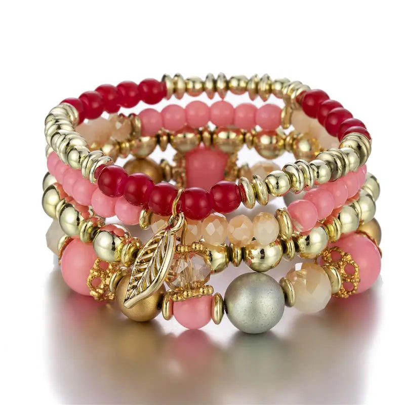 4Pcs New Candy Color Glass Beads Bracelet Set For Women Fashion Leaf Charm Elastic Chain Bangle Female Party Jewelry