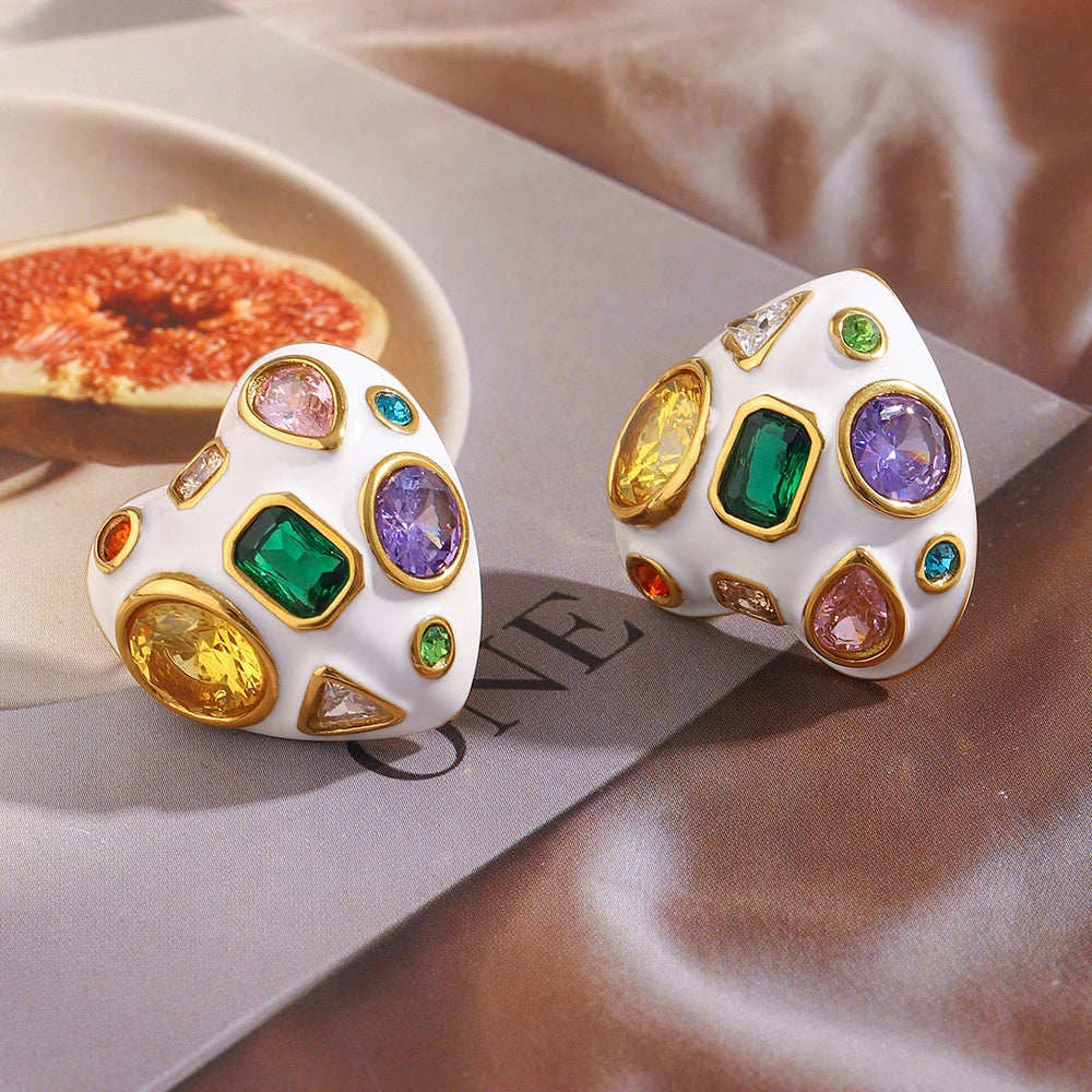 E.B.belle White Enamel Oval/Heart Coloful Geometric Zircon 18K Gold Plated Stainless Steel Women Party Statement Jewelry Gifts