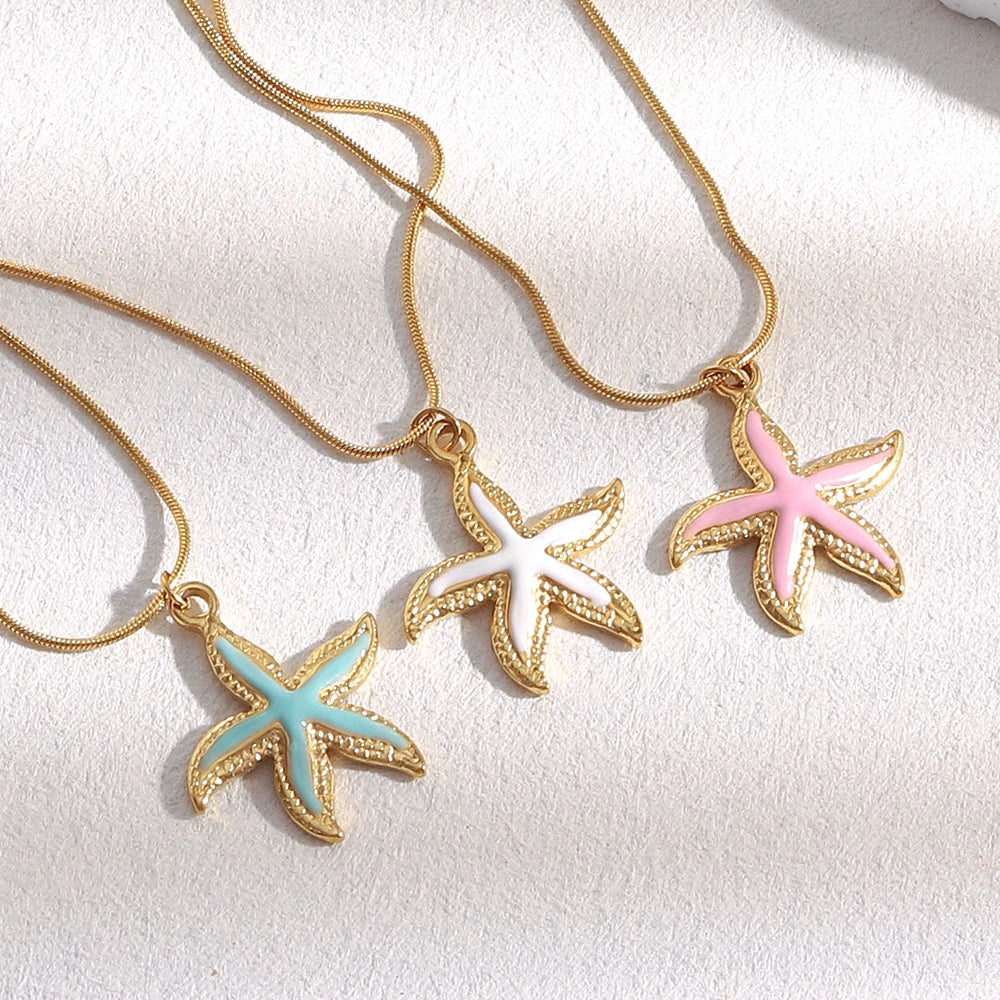 E.B.belle Summer Beach Cute Coloful Starfish Pendant Necklace 18K Gold Plated  316L Stainless Steel Holiday Neck Jewelry