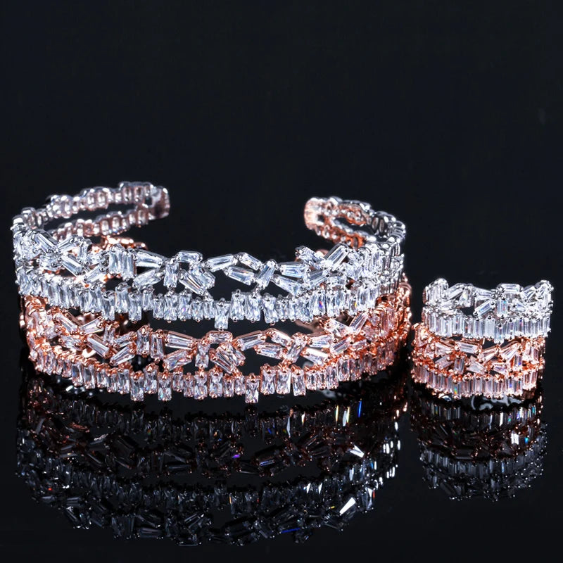 ThreeGrace Fashion Sparkling Cubic Zirconia Adjustable Size Bangle Ring Set for Women New Trendy Wedding Party Jewelry JS538