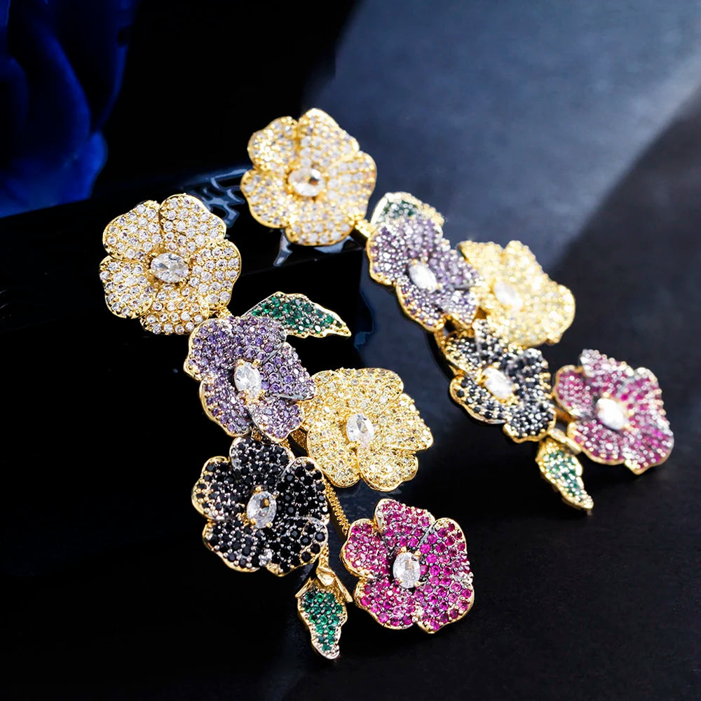 ThreeGraces Beautiful Cubic Zirconia Long Multicolor Flower Dangle Drop Earrings for Women Trendy Wedding Party Jewelry ER846
