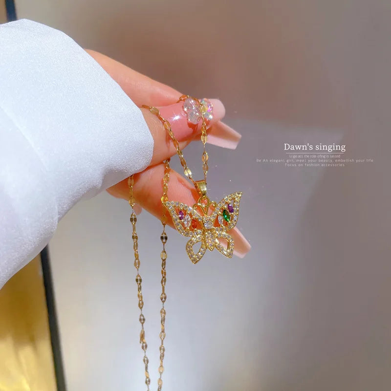 Fashion Design Lucky Butterfly Pendant Female Rhinestone Shining Statement Crystal Charm Choker Necklace for Woman Wedding Gift