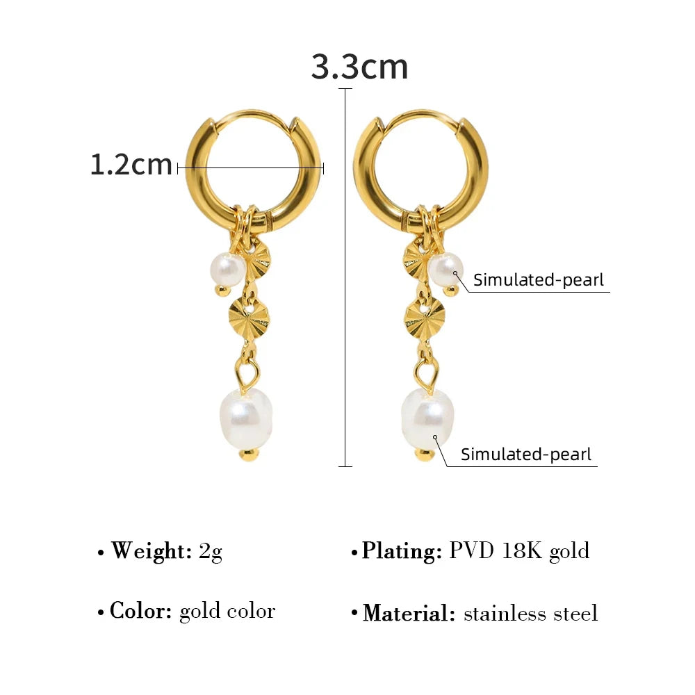 Fashion Round Pearl Pendant Earrings Wedding for Women Waterproof Statement 18K Gold Stainless Steel Hoop Earrings Trend Jewelry