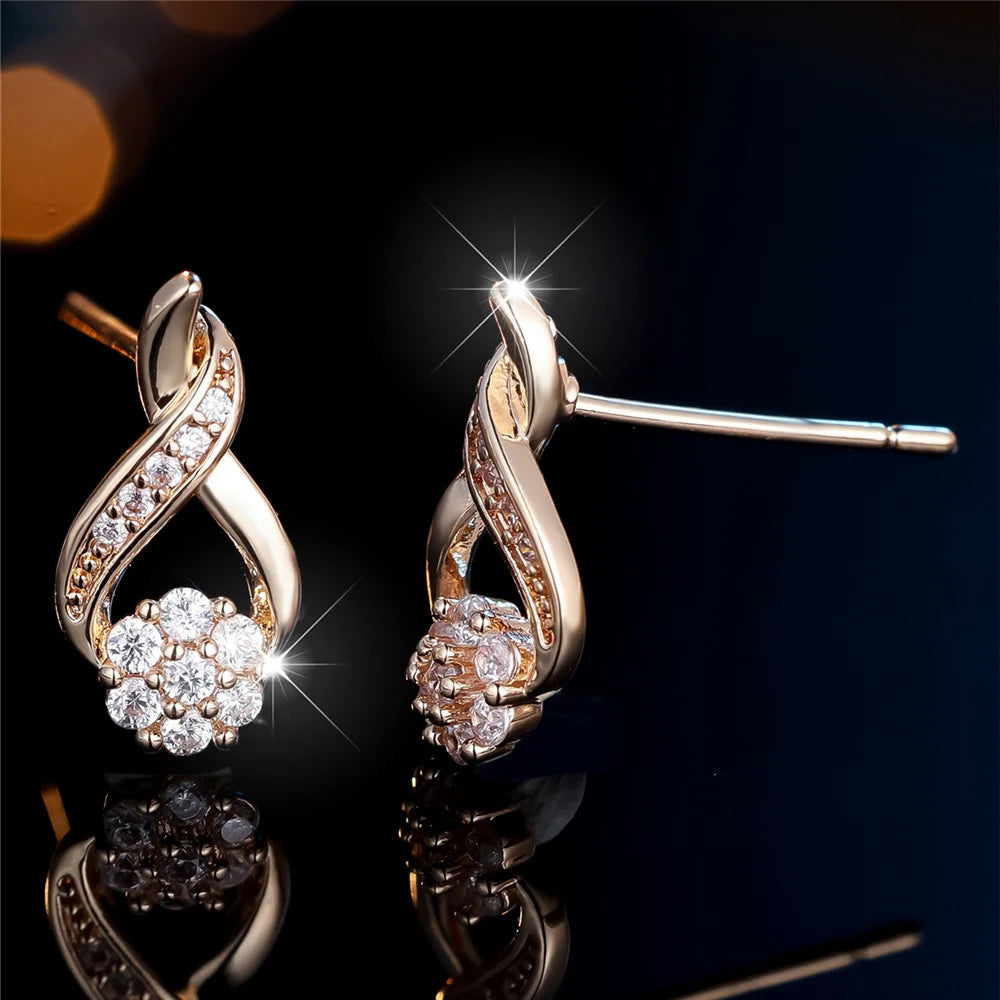 Cute Female Small White Round Stone Snowflake Stud Earrings Gold Color Zircon Wedding Jewelry For Women