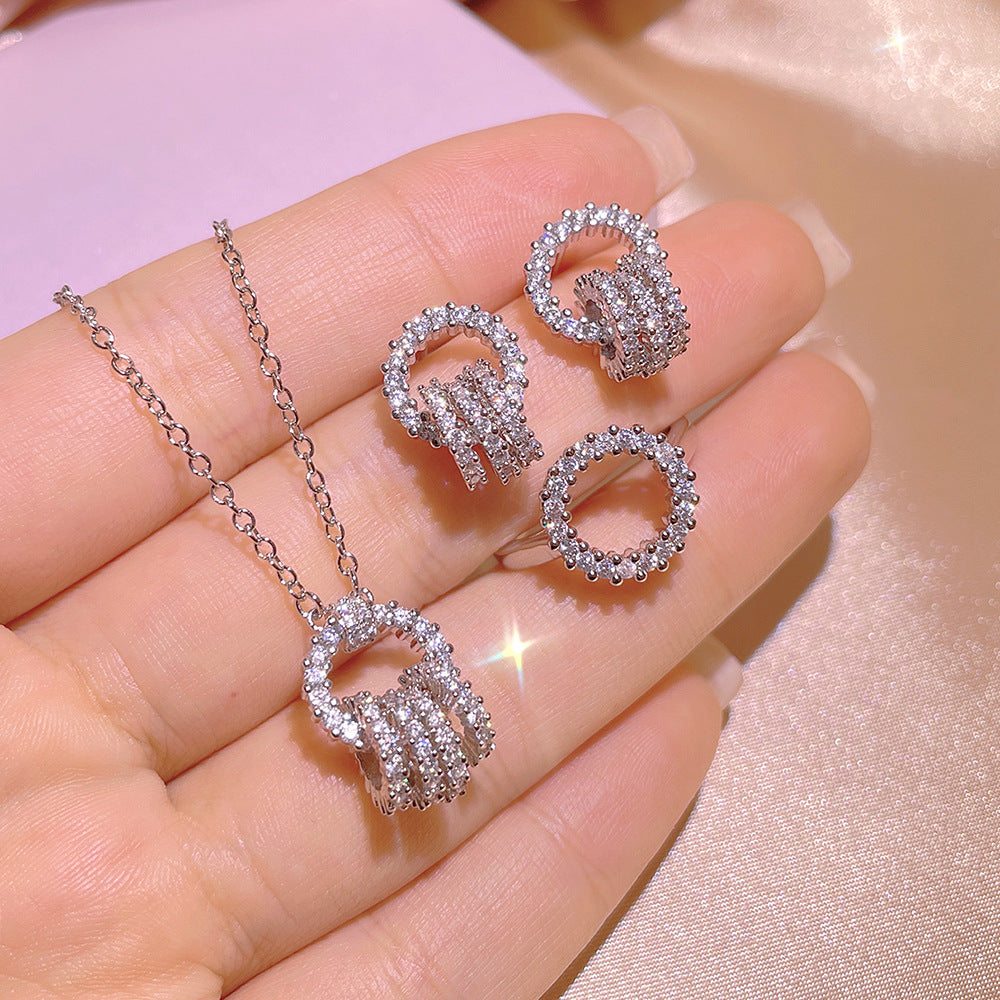 925 Stamp Fashion Celebrity Sparkling Zircon Three Piece Interlocking Jewelry Set Ladies Party Birthday Jewelry Gift