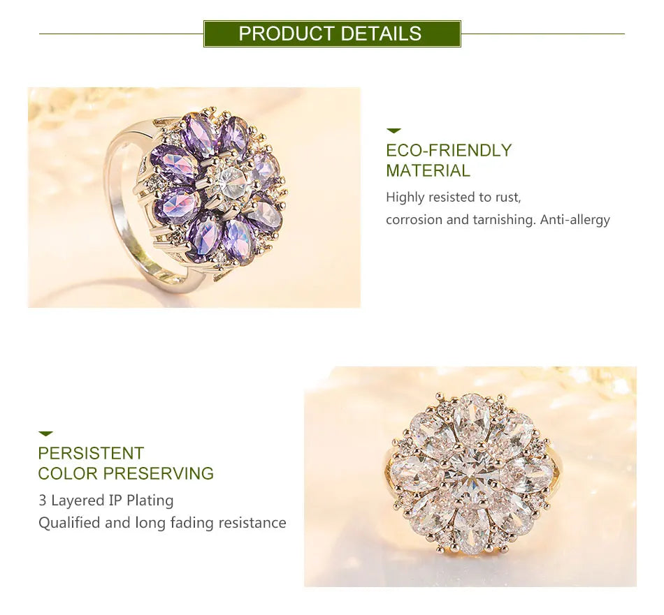 ZDADAN 925 Sterling Silver Flower Amethyst Finger Ring For Christmas Women Party Jewelry Gift