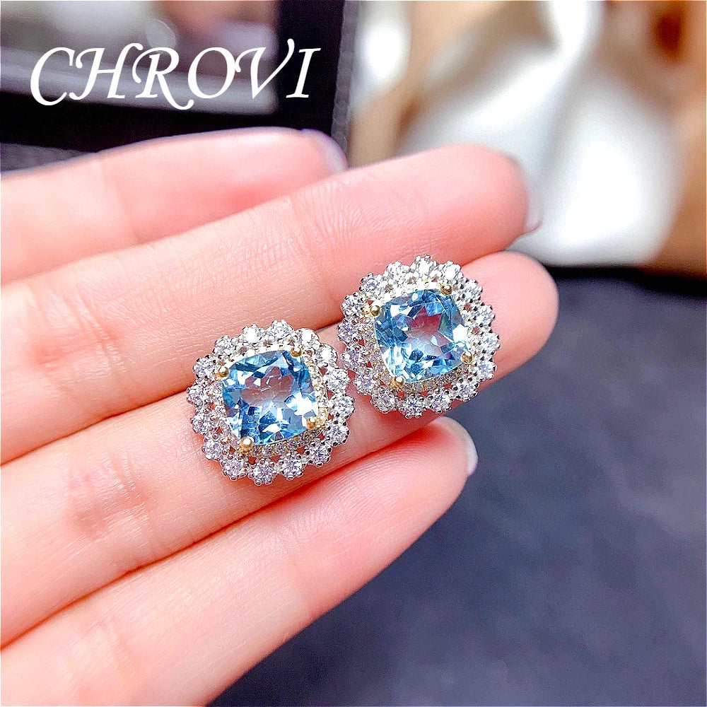 Luxury-Style 925 Sterling Silver Colorful Crystal Stone Set - Sky Blue Necklace, Ring Pendant, Stud Earrings for Women