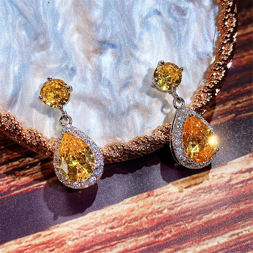 Luxury Female Blue Yellow White Zircon Stone Drop Dangle Earrings Cute Silver Color Party Jewelry For Women
