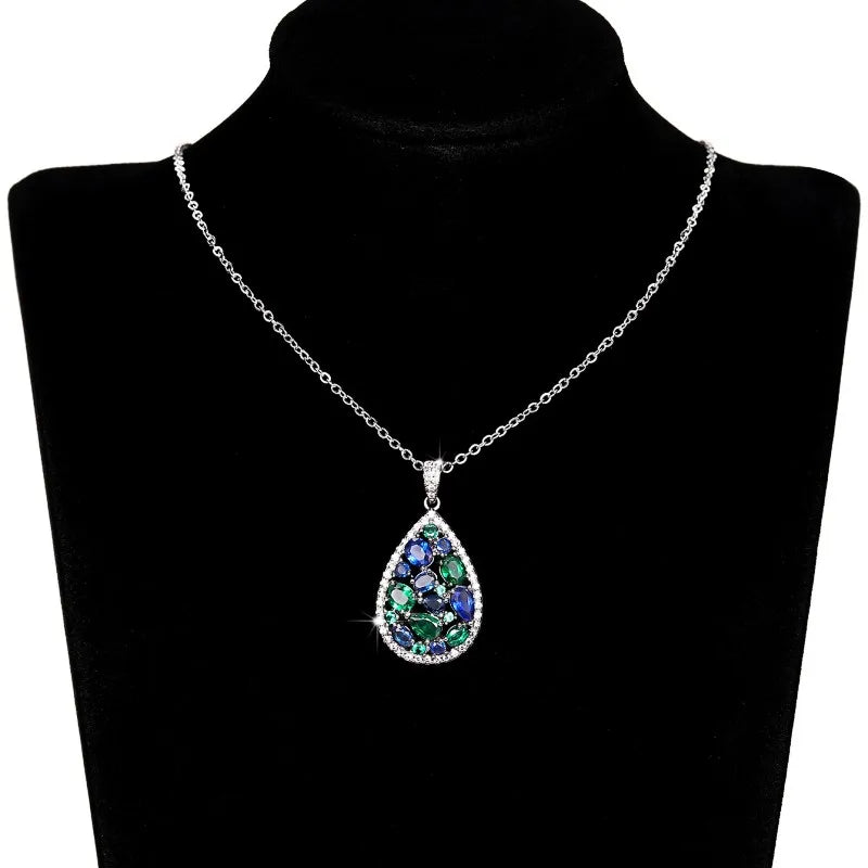 Huitan Colorful Cubic Zirconia Necklace Silver Color Pear Shape Pendant Fashion Luxury Women Wedding Engagement Party Jewelry