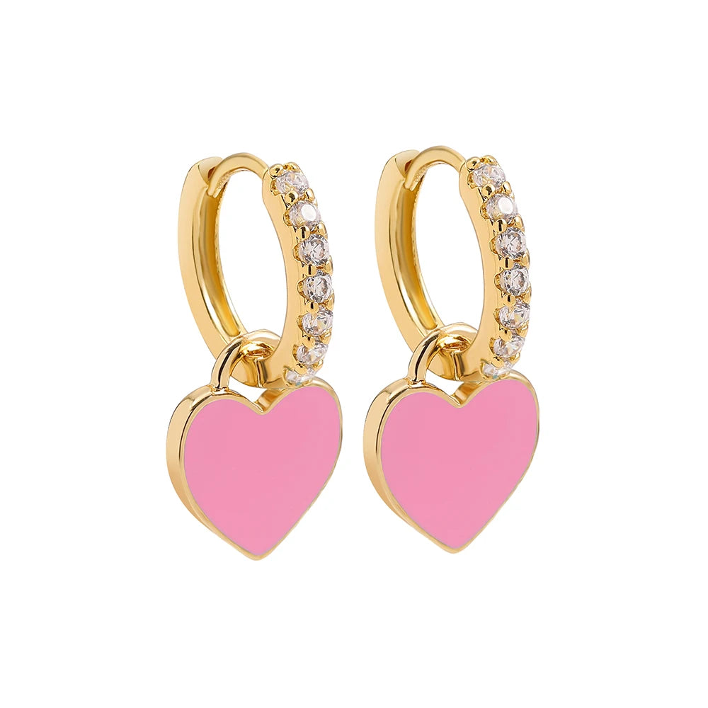 New Trendy Rhinestone Small Circle Hoops with Cute Candy Neon Color Heart Hanging Earrings for Women Gold Plated Huggies Jewelry