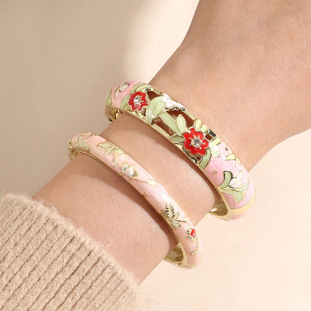 Jardme 1PCS Wide Hollow Enamel Bracelet For Women Vintage Indian Chinese Luxurious Cloisonne Bangles Women's Daily Jewelry