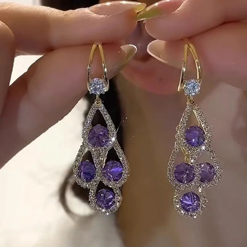 Purple Crystal Water Drop Long Tassel Earrings Women Design Sparkling Prom Accessories Party Jewelry Birthday Anniversary Gifts