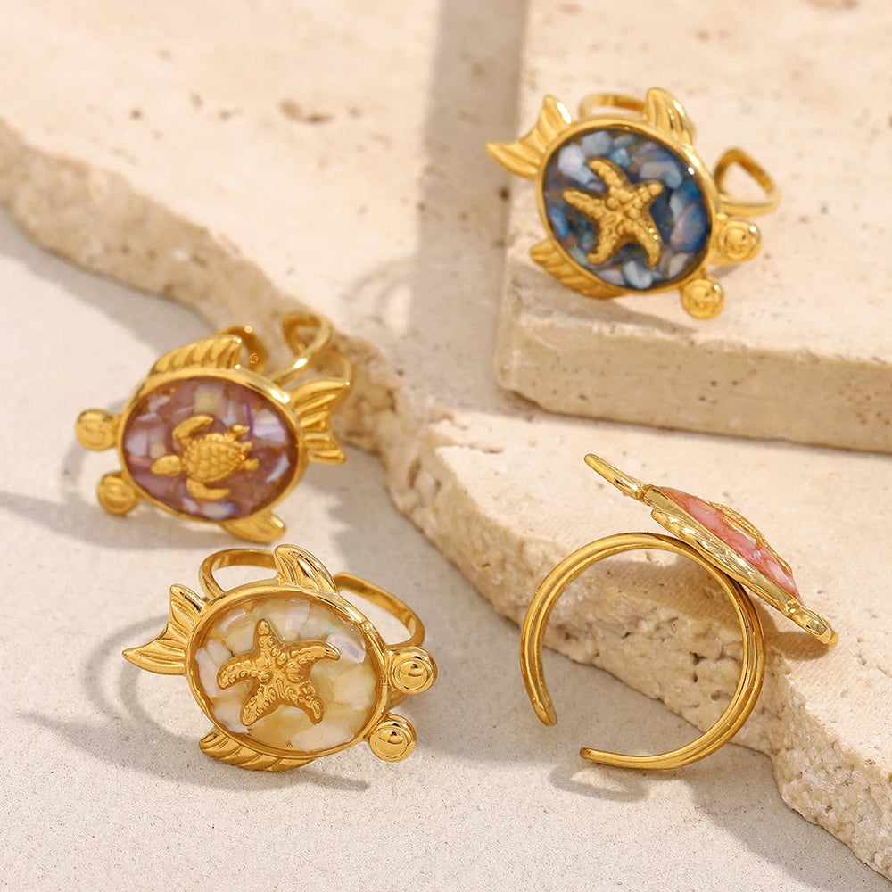 E.B.belle New Design Summer Women Cute Colorful Turtle Open Ring PVD Plated Stainless Steel Unique Holiday Party Jewelry