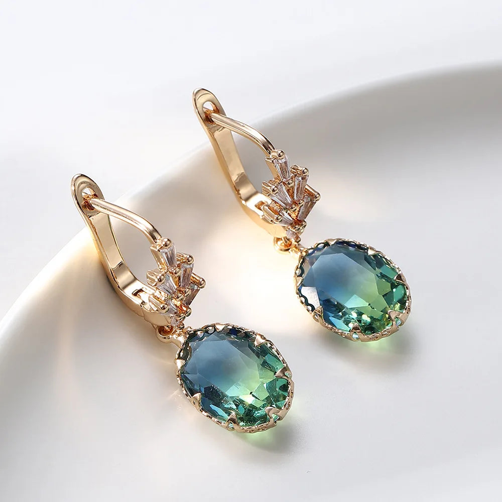 Luxurious Gold Plated Fashion Zircon Tourmaline Drop Earrings Temperament leaf Ear Stud Female Hypoallergenic Ear Buckle Jewelry