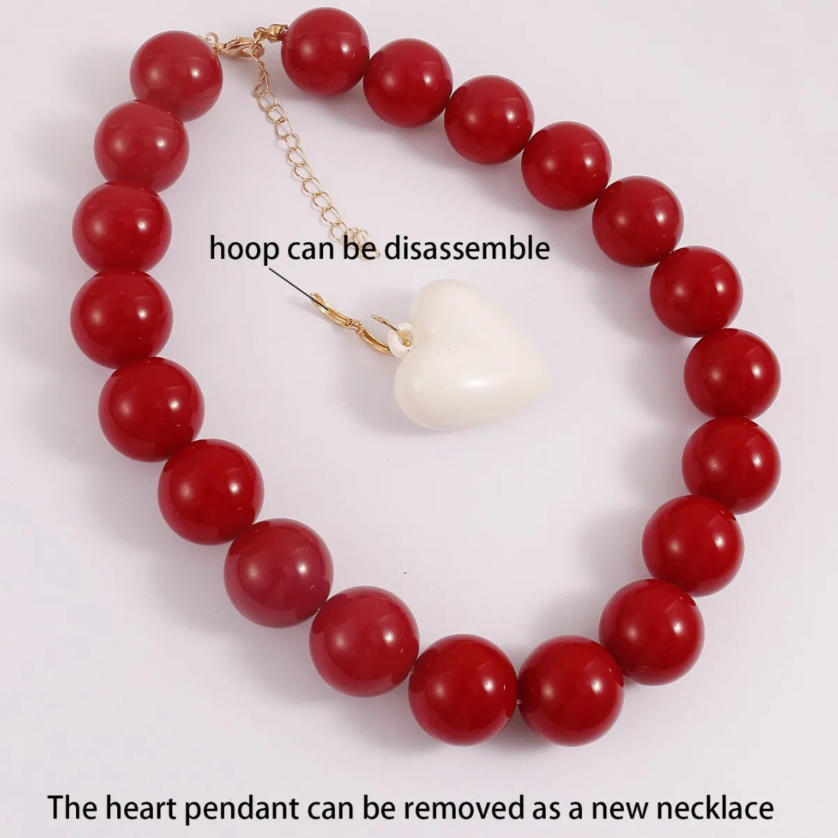 Pink Resin Beads with Detachable Pink Heart Pendant Necklace for Women Y2K Style Statement Jewelry Summer Party Gifts Accessory