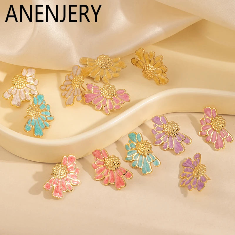 ANENJERY 316L Stainless Steel Drop Oil Flower Stud Earrings For Women Temperament Vintage Elegant Simple Jewelry Gifts Wholesale