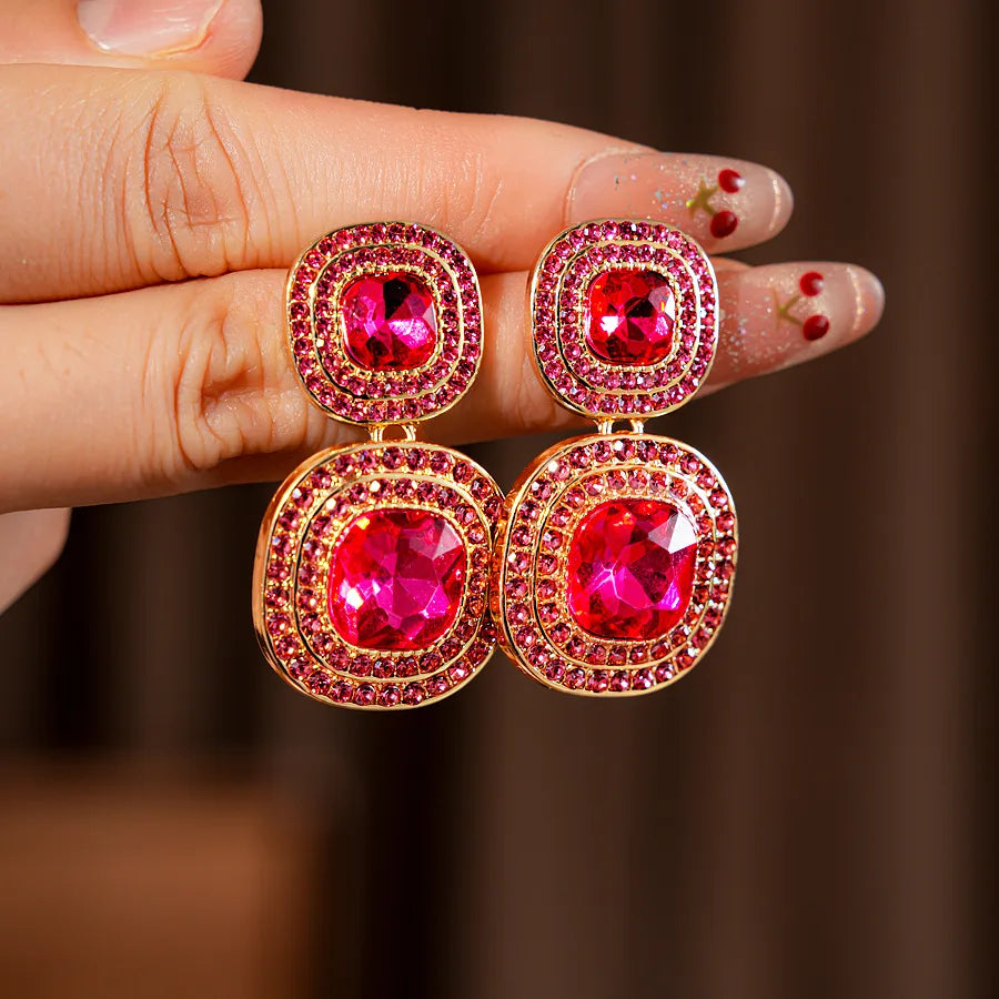 Vintage Full Rhinestones Square Dangle Earrings for Women Shiny Exquisite High-end Geometric Drop Earring Luxury Jewelry Gifts N