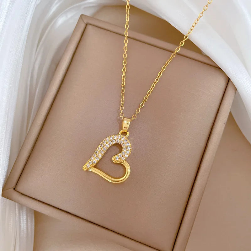 Luxury Heart Necklace for Women Full Paved Bling Cubic Zirconia 14k Gold Color Exquisite Necklace Female Wedding Jewelry
