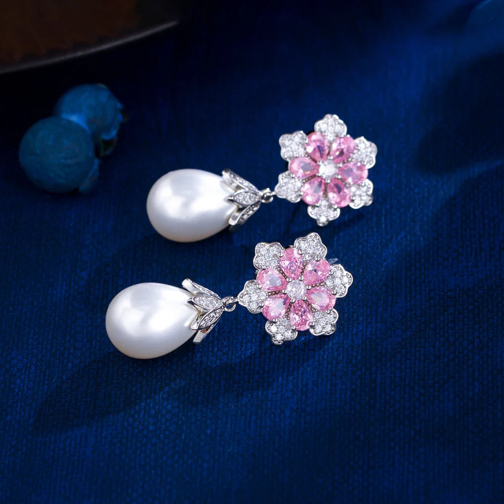 ThreeGraces Delicate Shiny Pink Zirconia Simulated Pearl Long Flower Drop Earrings for Women Bridal Wedding Party Jewelry E1929