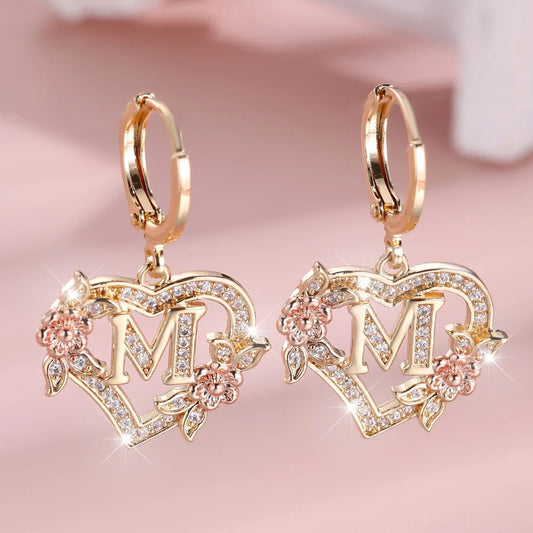 A-Z 26 Letter Female Heart Flower Hoop Earrings Vintage Gold Color White Zircon Wedding Jewelry For Women