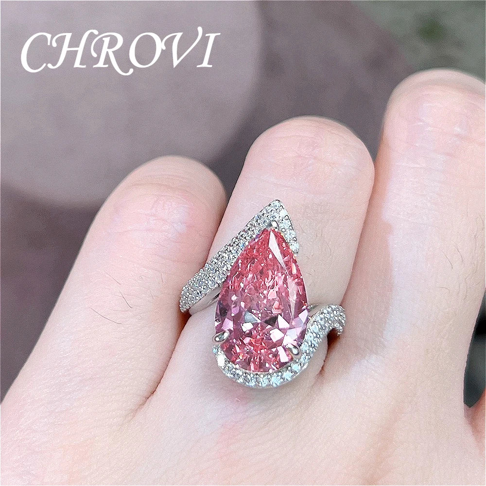 Luxury-Style 925Sterling Silver Drop-shaped Pink Zirconia Fashion Ring Full Diamond-Engraved Elegant Open Design Women's Jewelry